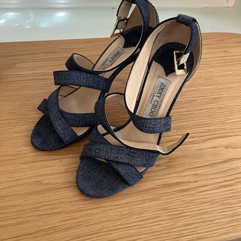 Jimmy Choo London Dark Navy Strappy High-Heel Sandals with Gold Buckle 38